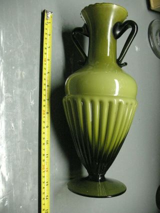 Vintage Blown Glass Lady Vase W/ Akimbo Handles Avocado Green Lovely