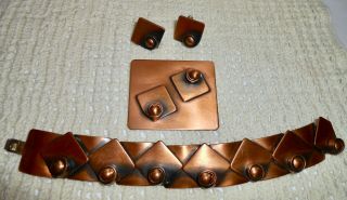 Vintage Rebajes Signed Copper Bracelet Brooch Earrings Set Square Dot Br16