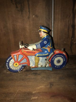 Vintage 1930s Marx Usa Tin Wind Up Police Motorcycle 8.  5”l 7”h 3.  5”w