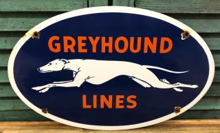 Greyhound Lines Vintage Porcelain Enamel Gas Oil Bus Depot Transportation Sign
