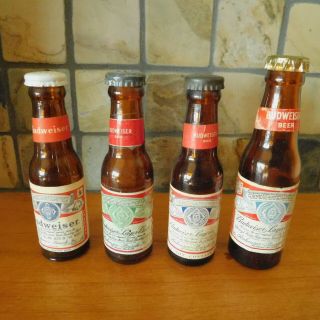 Vtg.  Set Of 4 Different Budweister Empty Miniature Beer Bottles / Intact Labels
