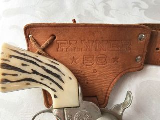 2 Vintage Fanner 50 Mattel Cap Guns Pair with Fanner Leather Holster Set 2