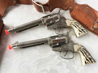 2 Vintage Fanner 50 Mattel Cap Guns Pair with Fanner Leather Holster Set 5