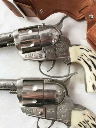 2 Vintage Fanner 50 Mattel Cap Guns Pair with Fanner Leather Holster Set 6
