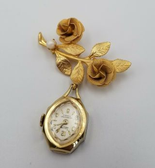 Vintage Gold Tone Flower Brooch Pin W/ Faux Pearl Louis 17 Jewels Watch And Box