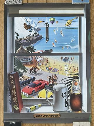 Vtg 28”x20” 80’s Natural Light Beer Poster “dream Dorm Window” College