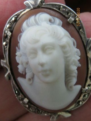 Vintage 800 Silver High Relief Hand Carved Shell Cameo Marcasite Pendant Brooch
