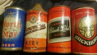 Menominee Cone Top,  Buckhorn,  Black Label,  & North Star Flat Top Beer Cans