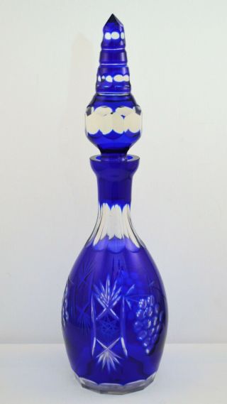 Vintage Bohemian Cobalt Blue Cut To Clear Crystal Decanter With Stopper