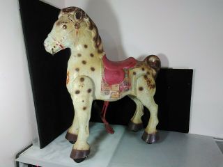 Vintage Mobo Bronco Mechanical Horse 30 " T Kids Ride - On Toy Red & White C.  1950 