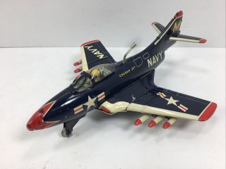 Vintage Tin Friction Airplane Cougar Jet Yone Yonezawa Navy Fighter Good Cond