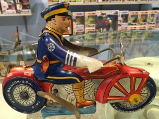 Vintage 1930s Marx Usa Tin Wind Up Police Motorcycle - 8.  5”l 7”h 3.  5”w