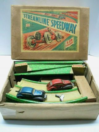 1930 Marx Tin Wind Up Streamline Speedway Set W/ Race Cars,  Track & Box.  A,
