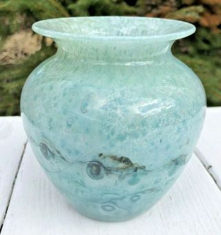Vintage Studio Art Hand Blown Green Splattered Glass Vase Signed Numbered Dated