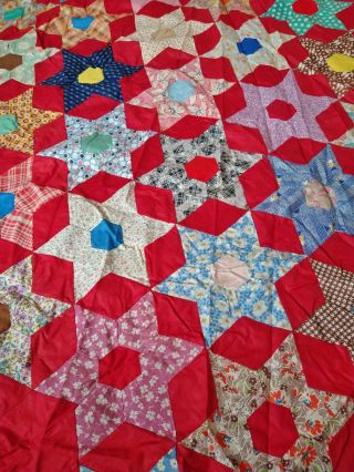 Vintage 1930s 40s Unfinished Quilt Topper Handmade 88 " X 71 " Red Feedsack Stars