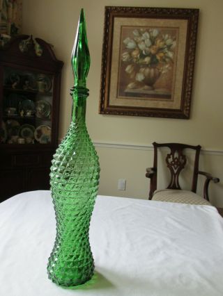 Vintage Mcm Empoli Italian Glass Green Diamond Point Genie Bottle Decanter 22.  5 "