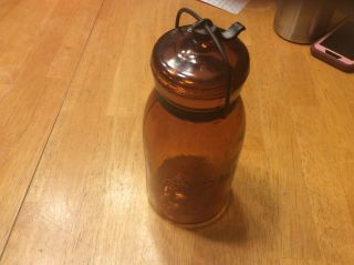 Vintage Amber Globe Quart Mason Jar With Lid.