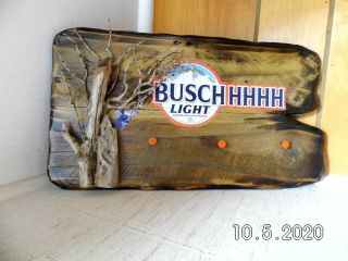 Handmade Wooden Busch Light Hidden Deer Sign & Driftwood Keyholder Art