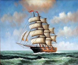 Sailing Ship Vintage Style Classic Ocean Seascape 20x24 Oil Painting Stretched