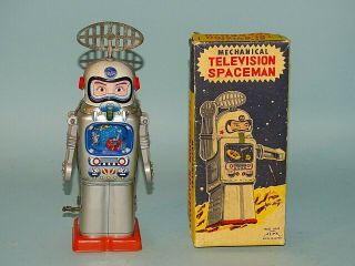 Television Spaceman Tin Windup Toy Box Alps