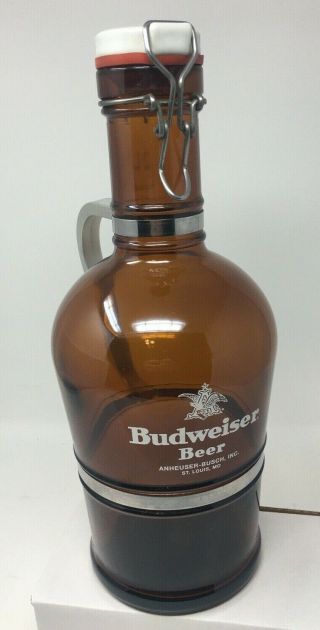 Vintage Budweiser Anheuser - Busch Amber 2 - Liter Glass Aluminum Handle Growler