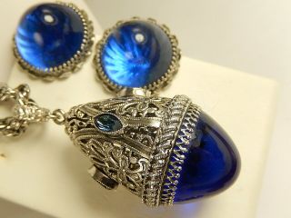 Whiting & Davis Vintage Blue Glass Dome Fob Necklace Earrings Set Silver Tone