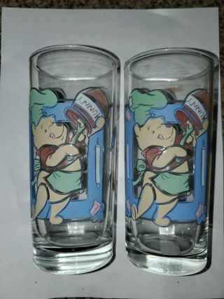 Set Of 2 Vintage Disney Winnie The Pooh Glass Tumbler Whats Cooking Pooh 6 1/4 "