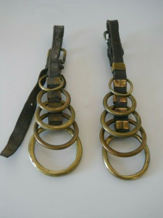 Vintage Pair Leather & Brass Horse Tack Harness Line Separators Spreaders Rings