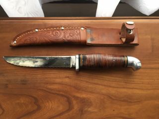 Vintage Kinfolks Knife Fixed Blade Stacked Leather Handle With Sheath 332