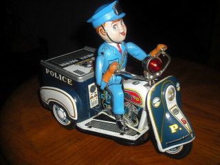 Vintage Nomura Tin Police Patrol Battery Operated Auto - Tricycle Made In Japan 5