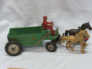 Vintage Arcade Toy Cast Iron Horse Drawn Farm Dump Wagon Truck