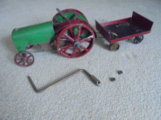Vintage Structo Tin Wind Up Steam Engine Tractor With Trailer Scarce