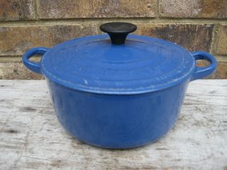 Vintage Le Creuset Blue Enamel Cast Iron Round Dutch Oven W/ Lid 18