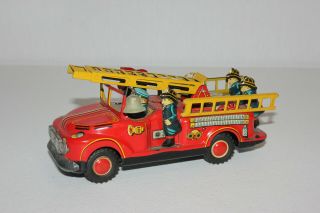 Asahi Toy Japan Tin Litho Friction Fire Engine Ladder Truck Siren Sound Ex L@@k