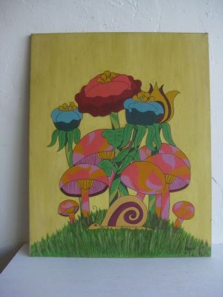 Vtg 1969 Mid Century Psychedelic Pop Art Mod Mushroom Oil Painting Artist Signed