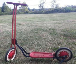 Vintage Greyhound Push Scooter Red Two Wheeled Stamped Steel Toy Scooter
