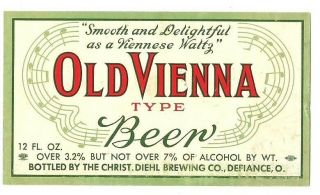 Old Vienna Beer Bottle Label,  Non - Irtp,  Diehl,  Defiance,  Ohio,  1950s