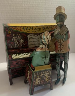 1921 Ferdinand Strauss Americana Tin Wind Up Toy Ham And Sam Minstrel Team Piano