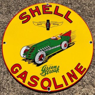 Vintage Porcelain Shell Green Streak Gas Oil Gasoline Pump Plate Sign