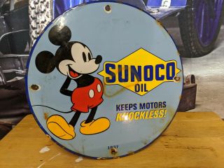 Old Vintage Dated 1937 Sunoco Motor Oil Porcelain Gas Station Sign Mickey Mouse