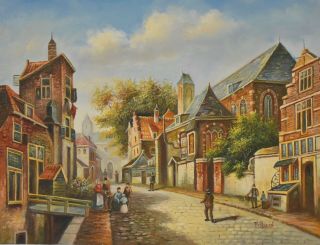 Old Dutch Town Scene Vintage Oil Painting,  Wood Frame 2