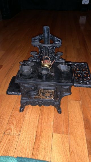 Vintage Toy Crescent Cast Iron Miniature Wood Cook Stove W/accessories Exc