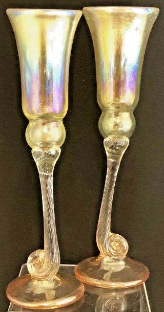 Vintage Carnival Art Glass 12 " Artist Signed Marigold Clear Stemmed Candlesticks