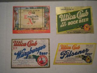 Set Of 4 Different Vintage Utica Club,  West End Beer Bottle Labels Con
