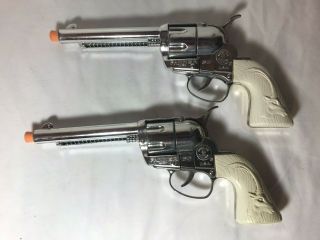 Two Mattel Lone Ranger Fanner 50 Cap Guns Double Holster W/ Silver Bullets