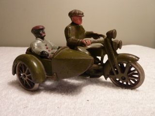 Hubley Cast Iron Harley Davidson Motorcycle With Sidecar & Rider 6 1/4 " 1930 