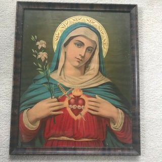 Vintage Virgin Mary Sacred Heart Color Print In Wood Frame