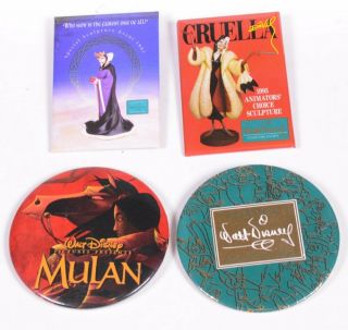 4 Vintage Walt Disney Pinbacks Buttons Snow White Evil Queen Cruella Devil Mulan