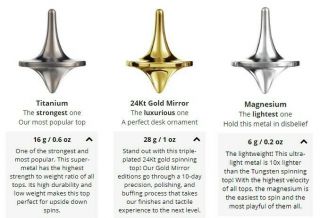 Foreverspin Spinning Tops: 1 X 24k Gold Mirror,  1 X Titanium,  1 X Magnesium,