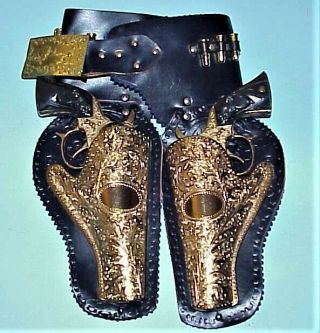 Nos,  Wild Bill Hickok,  Gold Plated 9 " Guns & Latco Blk.  Leather Golden Holsters